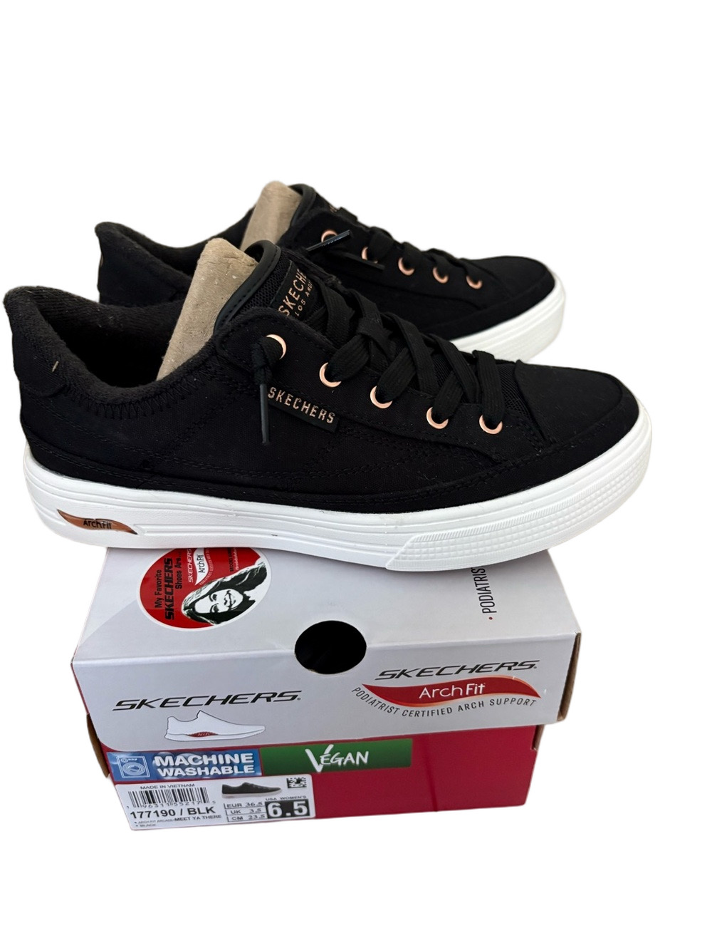 Skechers Meet Ya There Black Sneakers with Rose Gold Eyelets